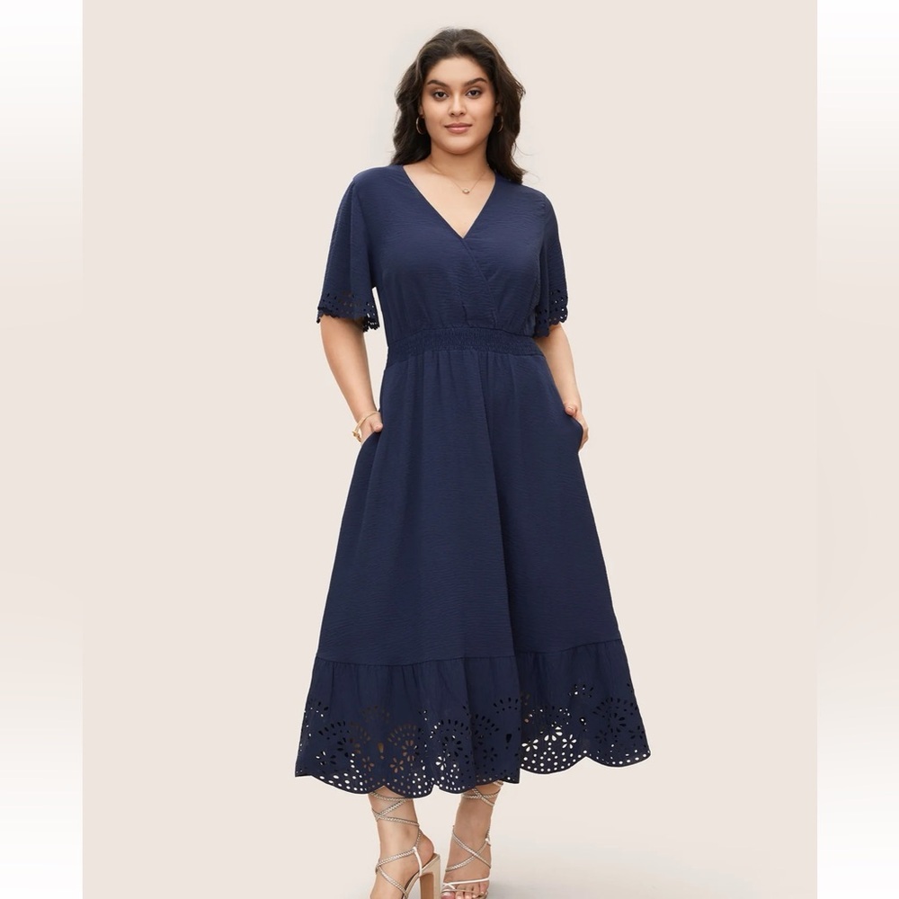 BloomChic Solid Laser Cut Shirred Pocket Wrap Scalloped Trim Flutter Dress 3XL